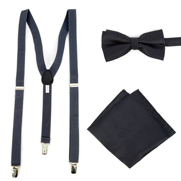 Men's Solid Color Clip-on Suspenders, Bow Tie and Pocket Square - BTHSU6308 - Bundle Bus
