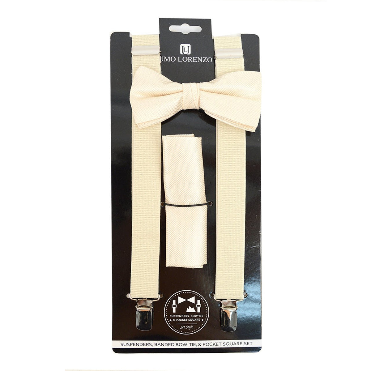 Men's Solid Color Clip-on Suspenders, Bow Tie and Pocket Square - BTHSU6308 - Bundle Bus