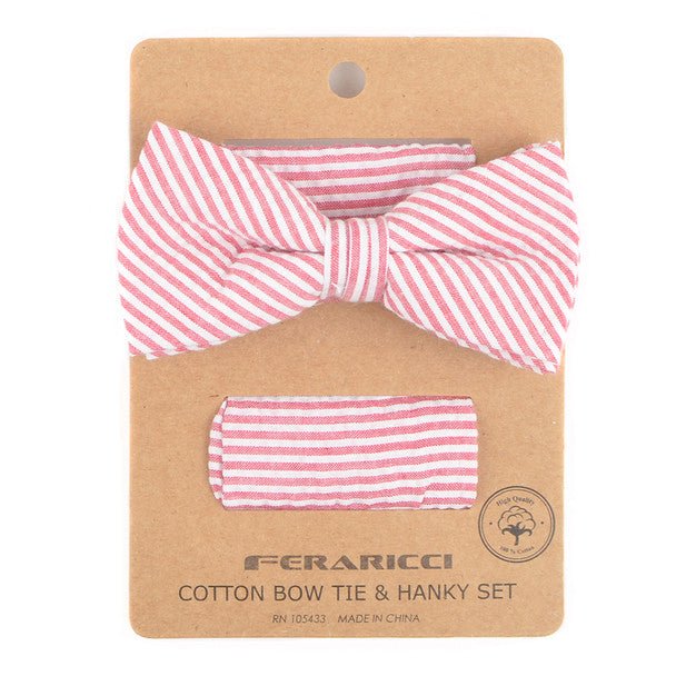 Men's Striped Seersucker Cotton Bow Tie & Hanky Set - CTBH1732 - Bundle Bus