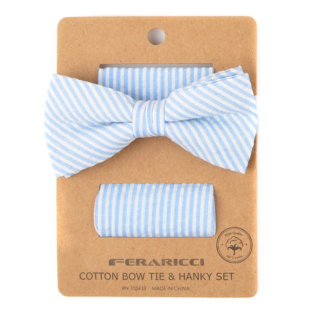 Men's Striped Seersucker Cotton Bow Tie & Hanky Set - CTBH1732 - Bundle Bus