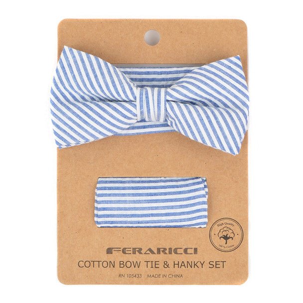 Men's Striped Seersucker Cotton Bow Tie & Hanky Set - CTBH1732 - Bundle Bus