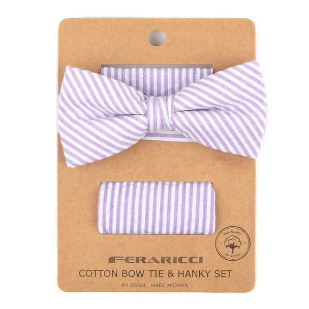 Men's Striped Seersucker Cotton Bow Tie & Hanky Set - CTBH1732 - Bundle Bus