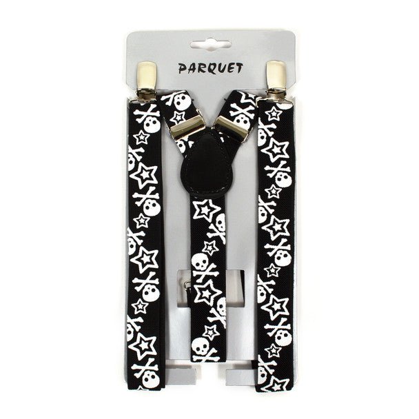 Men's Y-Back Skull & Crossbones with Stars Adjustable Elastic Clip-on Suspenders - Bundle Bus