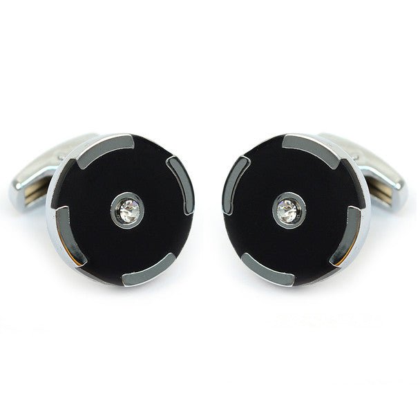 Silver Four Line Black Crystal Target Round Brass Cufflinks - Bundle Bus