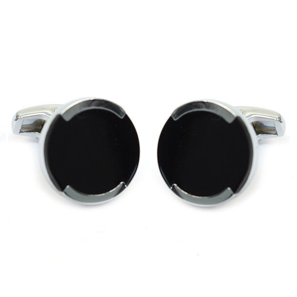 Silver Two Line Black Round Brass Cufflinks - Bundle Bus