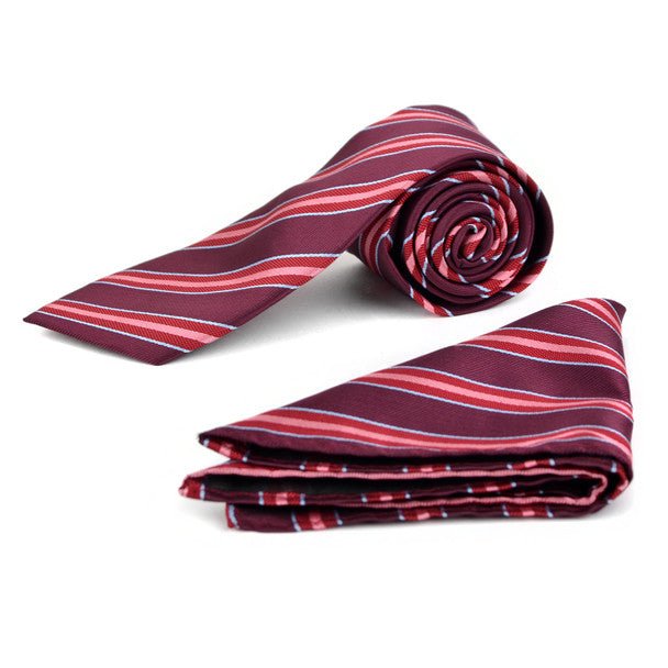 Striped & Solid Tie with Matching Hanky Box Set - THX12-BUR-2 - Bundle Bus