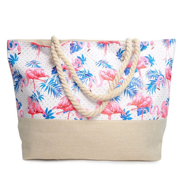 Summer Flamingo & Palm Leaves Rhinestone Ladies Tote Bag - LTBG1208 - Bundle Bus