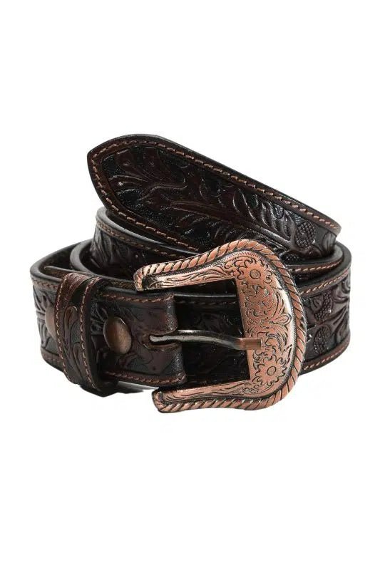 Tooled Leather Modern Western Belt with Decorative Buckle ABB 005 - Bundle Bus