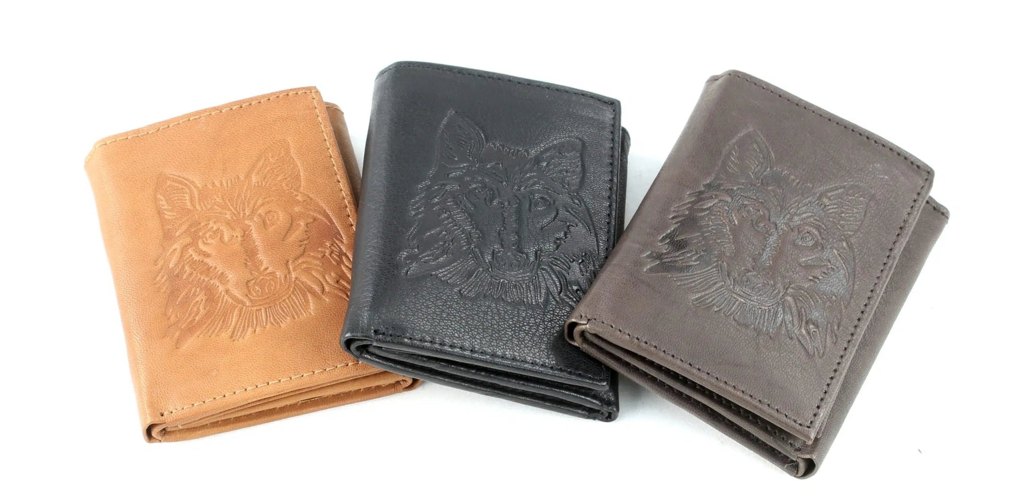 Wolf Embossed Leather Trifold RFID Blocking Wallet EMB-03W - Bundle Bus