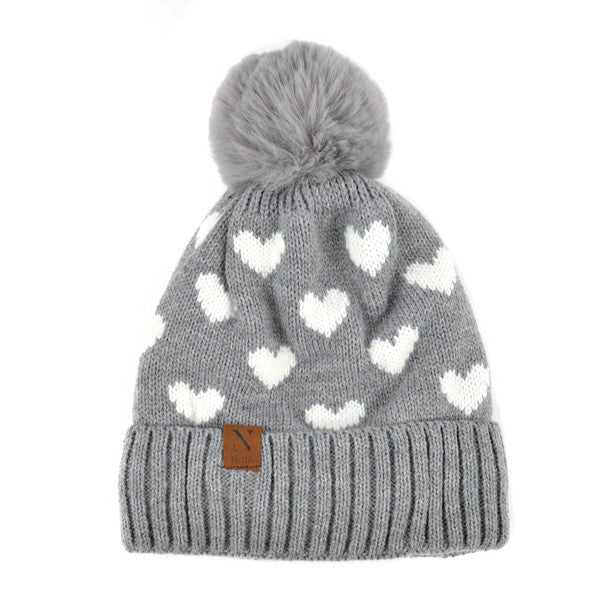 Women's Hearts and Pom Pom Knit Winter Hat - LKH5032 - Bundle Bus