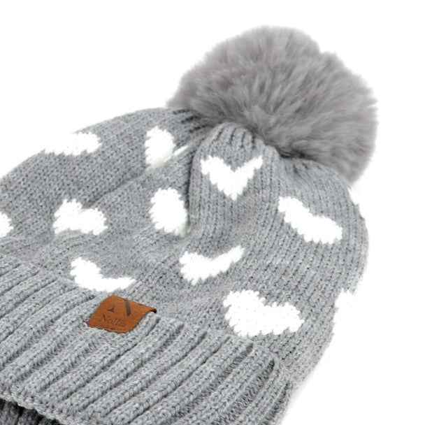 Women's Hearts and Pom Pom Knit Winter Hat - LKH5032 - Bundle Bus