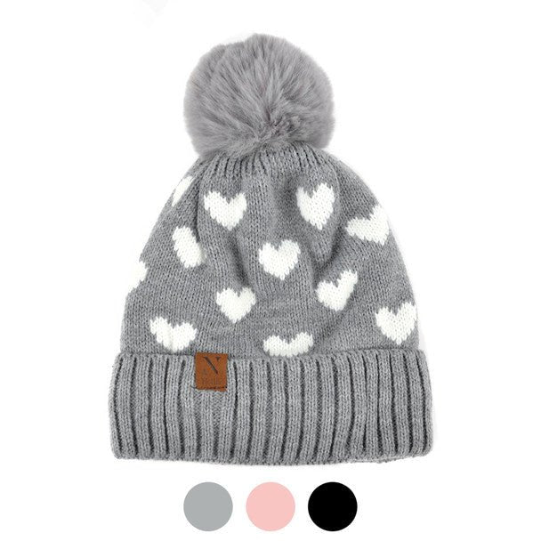 Women's Hearts and Pom Pom Knit Winter Hat - LKH5032 - Bundle Bus