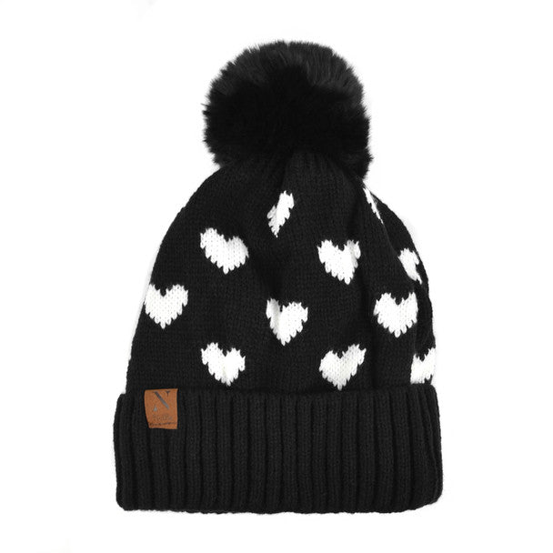 Women's Hearts and Pom Pom Knit Winter Hat - LKH5032 - Bundle Bus