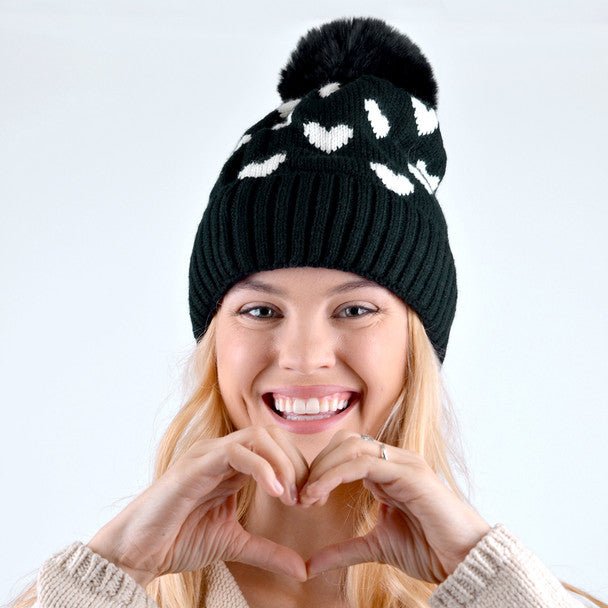 Women's Hearts and Pom Pom Knit Winter Hat - LKH5032 - Bundle Bus