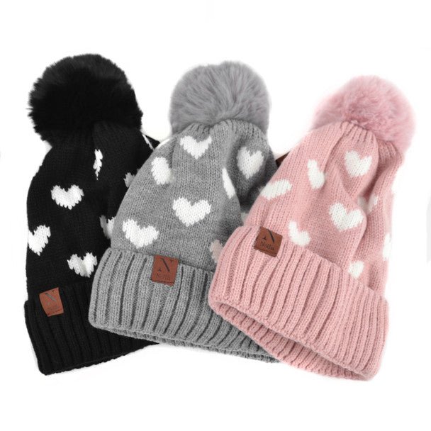 Women's Hearts and Pom Pom Knit Winter Hat - LKH5032 - Bundle Bus