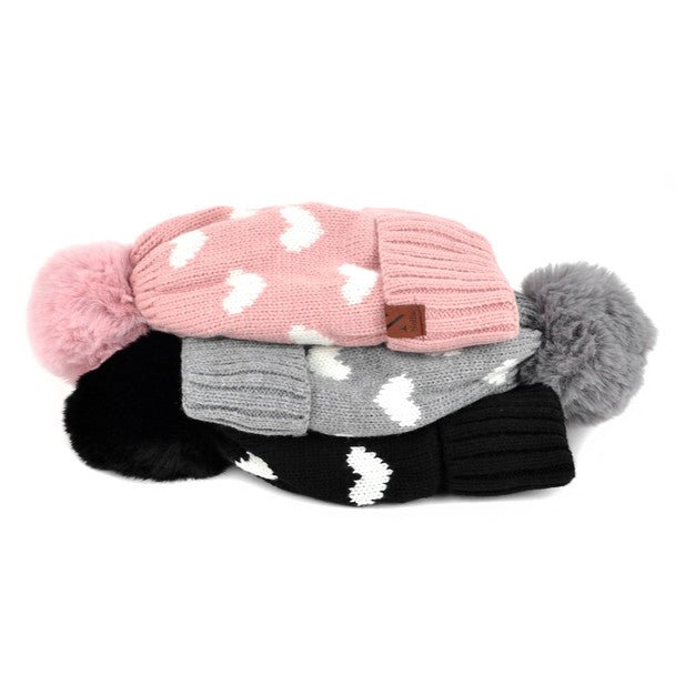 Women's Hearts and Pom Pom Knit Winter Hat - LKH5032 - Bundle Bus