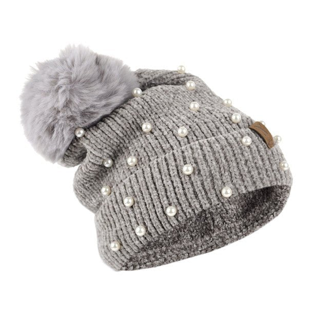 Women's Pom Pom & Pearls Knit Winter Hat - LKH5034 - Bundle Bus