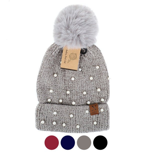 Women's Pom Pom & Pearls Knit Winter Hat - LKH5034 - Bundle Bus