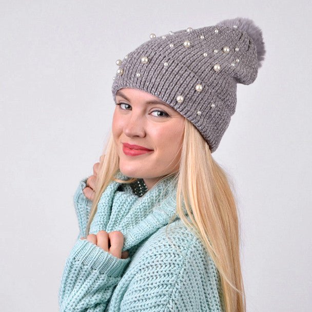 Women's Pom Pom & Pearls Knit Winter Hat - LKH5034 - Bundle Bus