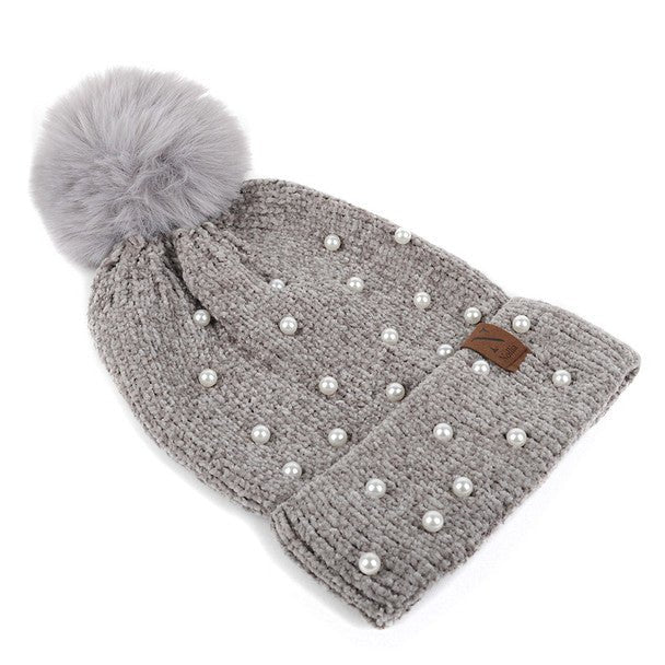 Women's Pom Pom & Pearls Knit Winter Hat - LKH5034 - Bundle Bus