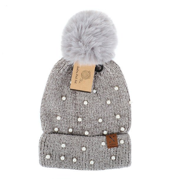 Women's Pom Pom & Pearls Knit Winter Hat - LKH5034 - Bundle Bus