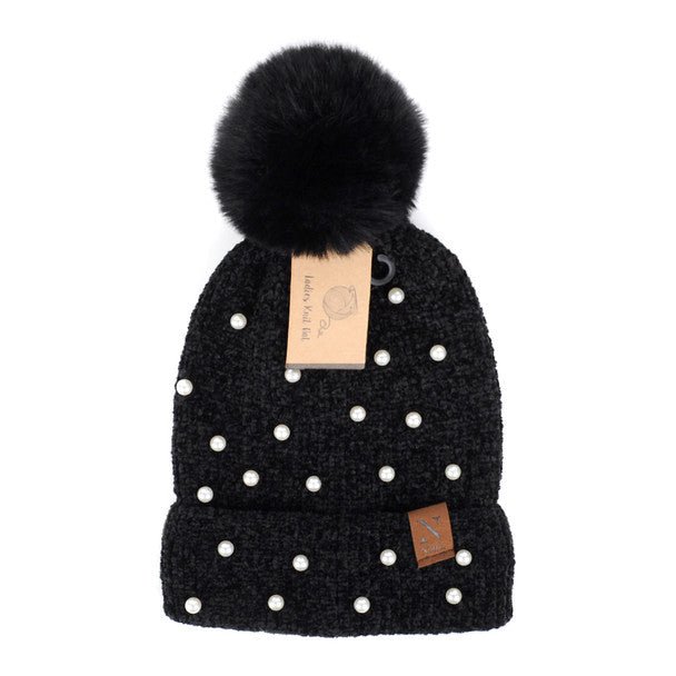 Women's Pom Pom & Pearls Knit Winter Hat - LKH5034 - Bundle Bus