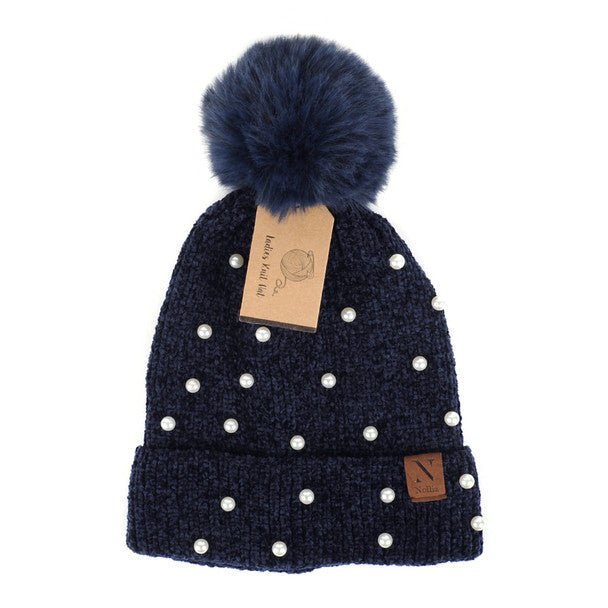 Women's Pom Pom & Pearls Knit Winter Hat - LKH5034 - Bundle Bus