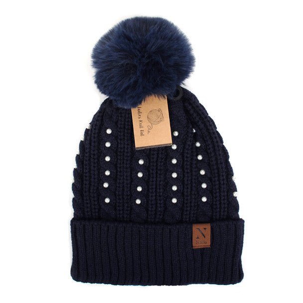 Women's Pom Pom & Pearls Knit Winter Hat - LKH5036 - Bundle Bus