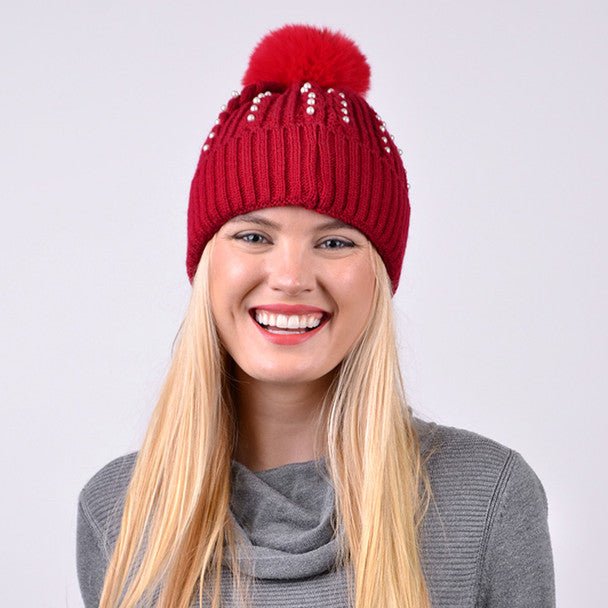 Women's Pom Pom & Pearls Knit Winter Hat - LKH5036 - Bundle Bus