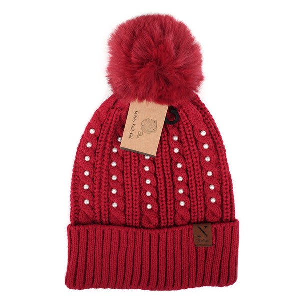 Women's Pom Pom & Pearls Knit Winter Hat - LKH5036 - Bundle Bus