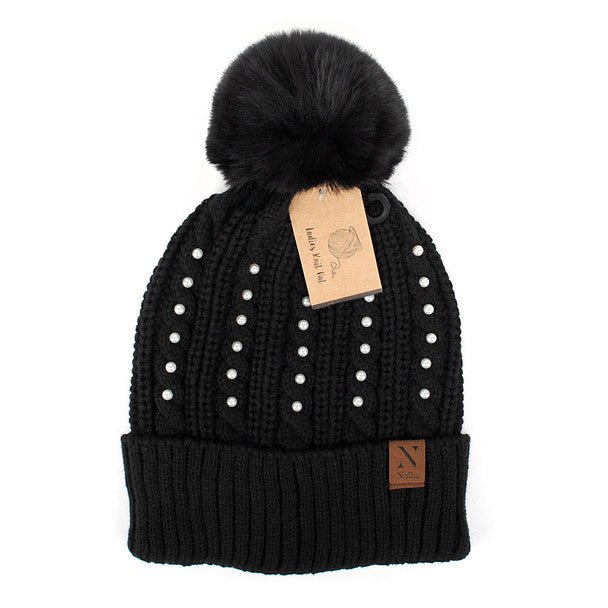 Women's Pom Pom & Pearls Knit Winter Hat - LKH5036 - Bundle Bus