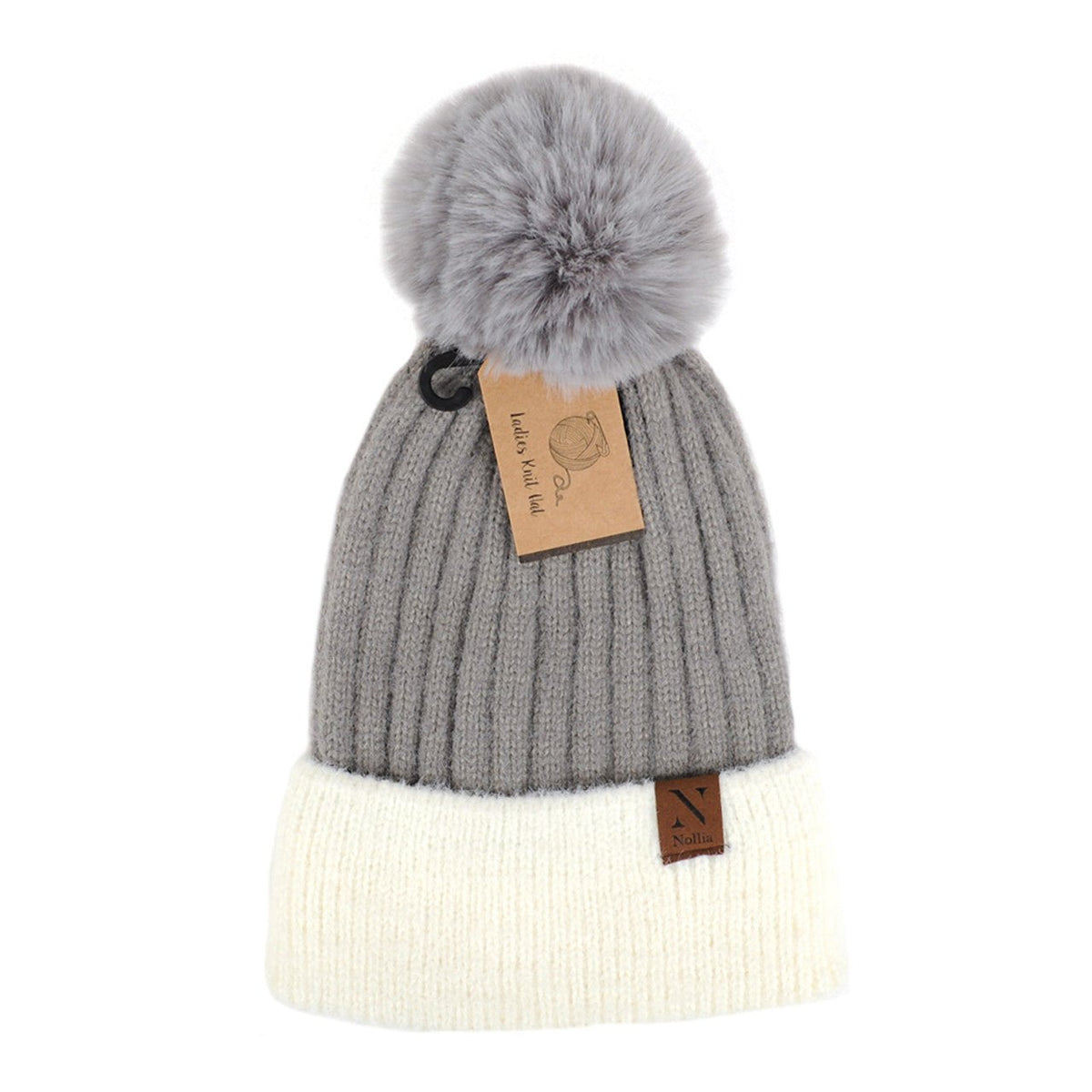 Women's Pom Pom Two-Tone Knit Winter Hat - LKH5035 - Bundle Bus