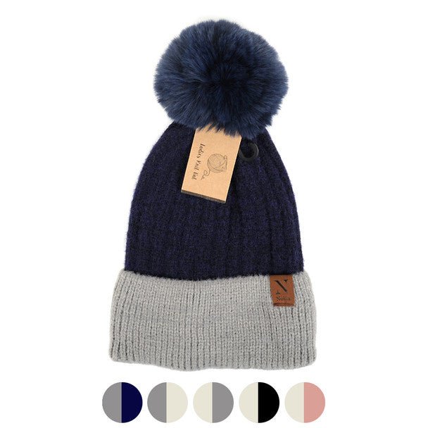 Women's Pom Pom Two-Tone Knit Winter Hat - LKH5035 - Bundle Bus