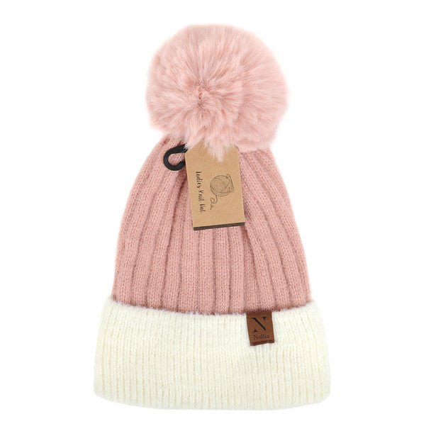 Women's Pom Pom Two-Tone Knit Winter Hat - LKH5035 - Bundle Bus